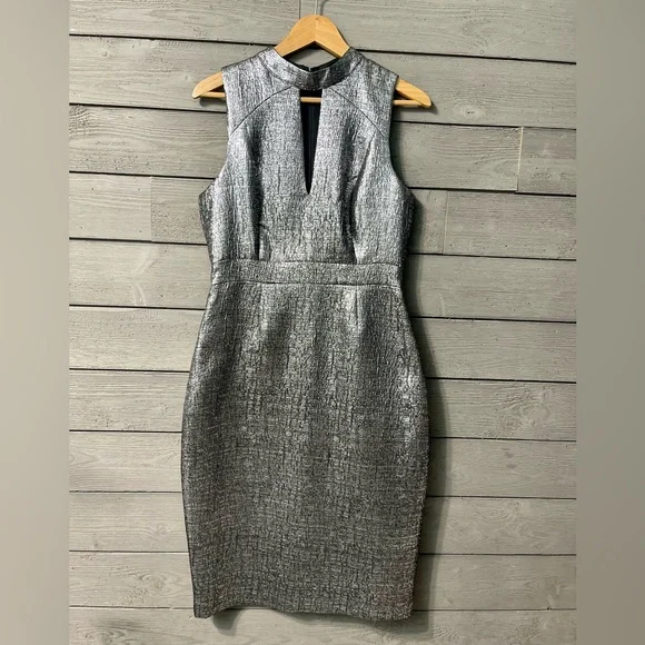 NWT Susana Monaco Silver Chrome Metallic Bodycon Pencil Midi Dress Sz 6 Wedding - Picture 1 of 14